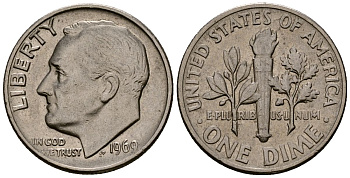США 10 центов (дайм) 1969 Рузвельт KM 195a медь плакированная медно-никелем 4164-949