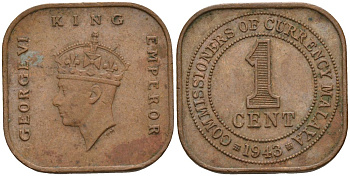 Британская Малайя 1 цент 1943 Георг VI (1937-1952) KM 6 бронза 4153-631
