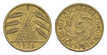 Германия 5 рейхспфеннигов 1936 F KM 39, J. 316 алюминиевая бронза 4549-558
