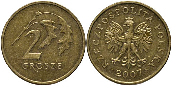 ПОЛЬША 2 ГРОША 2007 MW KM 277 латунь 201-418