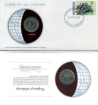 НИКАРАГУА 1 КОРДОБА 1972 КОНВЕРТ С МАРКОЙ ПЕРВОГО ДНЯ ГАШЕНИЯ, COINS OF NATIONS KM 26 медно-никель UNC 4294-20-3