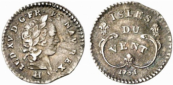 Подветренные острова (Windward, Vent) 6 солей 1731 H, Людовик XV (1715-1774) серебро 00-000-00