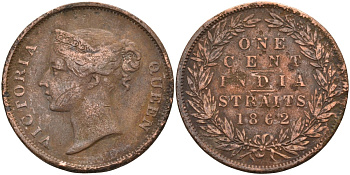 Стрейтс-Сетлментс 1 цент 1862 Виктория (1837-1901), Ост-Индская компания KM 6 медь 4590-235