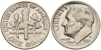 США 1 дайм - 10 центов 1985 D, Рузвельт KM 195а медь плакированная медно-никелем    4608-634