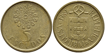 ПОРТУГАЛИЯ 5 ЭСКУДО 1989 KM 632 никель латунь 4395-927