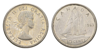 Канада 10 центов 1963 Елизавета II (1952-2022), парусник KM 51 серебро 4623-933