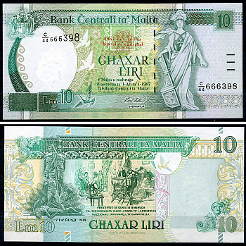 Мальта 10 лир L. 1967 (1994) памятник "7 июня 1919 года" Pick 47 b  бумага  UNC (пресс) 451-1242-3