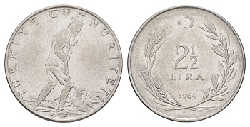 Турция 2 1/2 лиры 1964 KM 893.1 нержавеющая сталь 4645-512