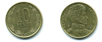 ЧИЛИ 10 ПЕСО 2007 ГЕНЕРАЛ БЕРНАРДО О ХИГГИНС KM 228.2 никель-бронза 37-264