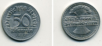 ГЕРМАНИЯ 50 ПФЕННИГОВ 1920 D KM 27, J. 301 алюминий 41-755