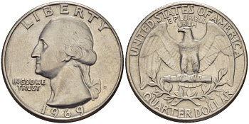 США 25 центов (квотер) 1969 Вашингтон KM 164а медь плакированная медно-никелем 67-746