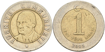 Турция 1 новая лира 2005 Кемаль Ататюрк KM 1169 биметалл 4561-144