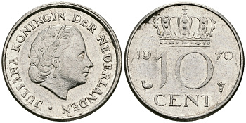 Нидерланды 10 центов 1970 Юлиана (1948-1980) KM 182 никель 96-442