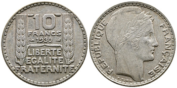 Франция 10 франков 1930 Пьер Тюрен KM 878, Le Franc 360.3 серебро 79-545