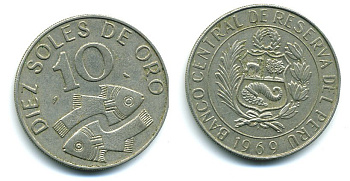 ПЕРУ 10 СОЛЬ 1969 РЫБЫ KM 253 медно-никель 04-355