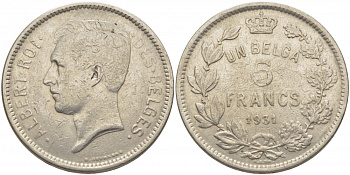 БЕЛЬГИЯ 5 ФРАНКОВ 1931 BELGES KM 97.1 никель 114-824