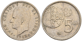 Испания 5 песет 1982 (80), Хуан Карлос , чемпионат мира по футболу, Испания 1982 KM 817 медно-никель 259-1114