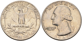 США 25 центов (квотер) 1967 Вашингтон KM 164a медь плакированная медно-никелем 4589-1224