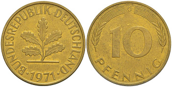 ФРГ 10 ПФЕННИГОВ 1971 G KM 108, J. 383 сталь плакированная латунью 219-443