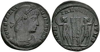 Римская Империя нуммий 330 - 333 Константин I Великий GLORIA EXERCITVS Константинополь about Extremely fine (R5) RIC 59 бронза 1073-3-4-2