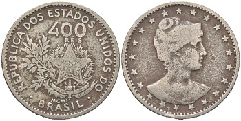 Бразилия 400 реалов 1901 MCMI, голова свободы вправо KM 505 медно-никель 4612-447