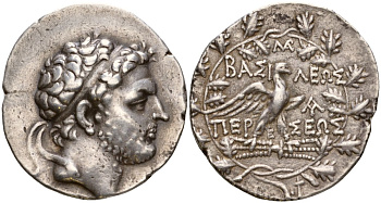 Македонское Царство тетрадрахма после 171 г. до н.э. Персей, голова царя / "ЦАРЯ ПЕРСЕЯ", орел, стоящий на молниях, вокруг дубовый венок, чеканка - г. Пелла или г. Амфиполис, 15,48 гр, (ex: Gorny & Moch 196, 07.03.2011) Mamroth 27 серебро 10-020-54