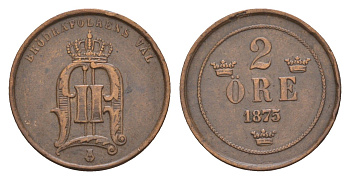 Швеция 2 эре 1875 Оскар II (1872-1907) KM 735 бронза 4655-522