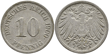 Германия 10 пфеннигов 1900 J KM 12, J. 13 медно-никель 87-311