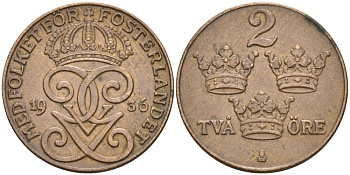 Швеция 2 эре 1936 Густав V (1907-1950), LONG 6 KM 778 бронза 67-311