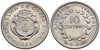 Коста-Рика 10 сентимо 1958  KM 185.1a сталь  UNC  4609-639