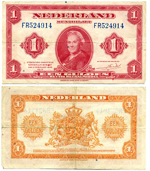 Нидерланды 1 гульден 1943 7 февраля 1943, Вильгельмина Pick 64  бумага   435-74-3-1