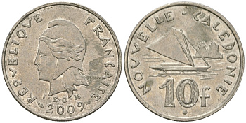 Французская Новая Каледония 10 франков 2009 рыбачья парусная лодка, (IEOM) KM 11a, Schoen 13a, Lec 99k медно-никель 62-215