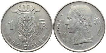 БЕЛЬГИЯ 1 ФРАНК 1951 BELGIQUE KM 142.1 медно-никель 4390-755