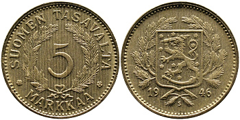 ФИНЛЯНДИЯ 5 МАРОК 1946 S KM 31а латунь 4388-1017