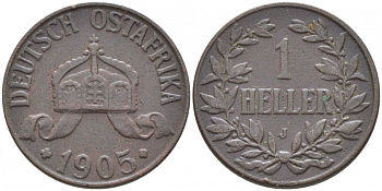 Немецкая Восточная Африка (Танзания) 1 геллер 1905 J, Ost-Africa Jaeger 716, KM 7 бронза 4448-434