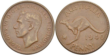 Австралия 1 пенни 1940 KG, Георг VI (1936-1952), кенгуру KM 36 бронза 4512-1124