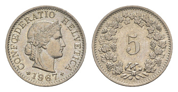 Швейцария 5 раппенов 1967 B KM 26 медно-никель 4611-859