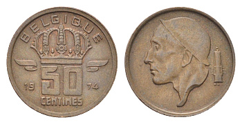 Бельгия 50 сантимов 1974 Belgique, Бодуэн I (1951-1993) KM 148 бронза 4705-227