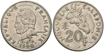 Французская Новая Каледония 20 франков 1990 три быка, (IEOM) KM 12, Schoen 14, Lec 113 никель 4131-231