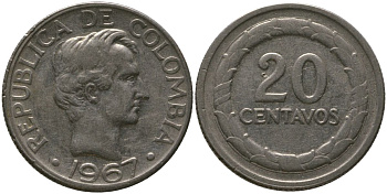 Колумбия 20 сентаво 1967 KM 227, Restrepo 394-1b сталь плакированная никелем 4529-527