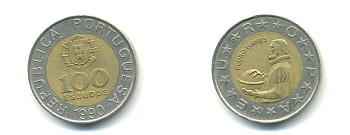 Португалия 100 эскудо 1990 Педру Нуниш (1502-1578), математик KM 645.1 биметалл 56-842