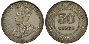 Стрейтс-Сетлментс 50 центов 1921 Георг V (1910-1936) KM 35.1 серебро 1521-225