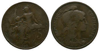 ФРАНЦИЯ 5 САНТИМОВ 1902 ТИП ДАНИЭЛЬ ДЮПЮИ KM 842, LE FRANC 119.12 бронза 261-937