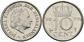 НИДЕРЛАНДЫ 10 ЦЕНТОВ 1975 ЮЛИАНА KM 182 никель 96-469