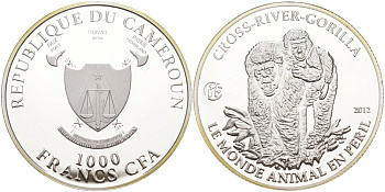 Камерун 1000 франков 2012 РЕЧНАЯ ГОРИЛЛА KM NEW серебро PROOF 01-151-31