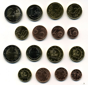 Кипр евронабор из 8 монет 2008 (1, 2, 5, 10, 20, 50 евроцентов, 1, 2 евро), две монеты биметалл UNC M79-11