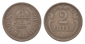 Венгрия 2 филлера 1937 BP KM 506 бронза 4664-849