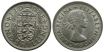 Великобритания 1 шиллинг 1961 Елизавета II (1952-2022), Английский герб KM 904, Spink 4147 медно-никель 4384-432