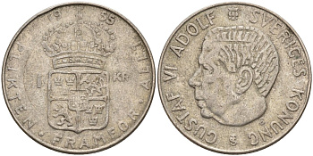 Швеция 1 крона 1955 TS, Густав VI Адольф (1950-1973) KM 826 серебро 4148-1144