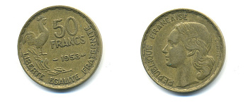 ФРАНЦИЯ 50 ФРАНКОВ 1953 KM 918.1 алюминиевая бронза 80-657